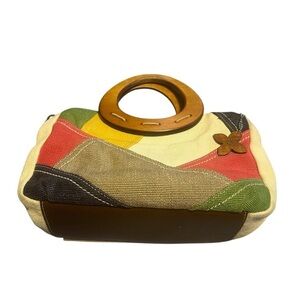 Relic Satchel Purse Handcrafted Multicolor Canvas with Wooden Handle Colorblock